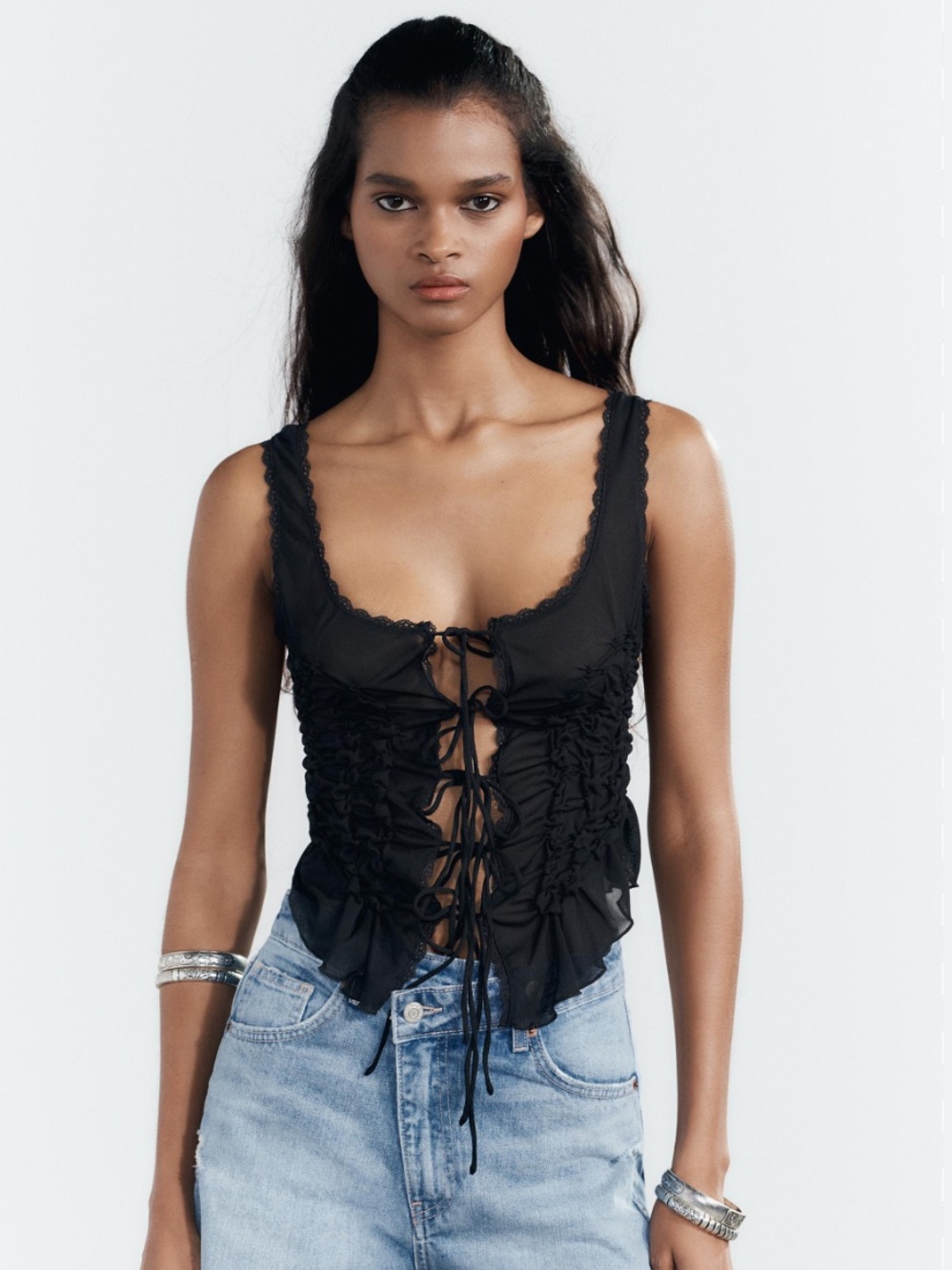 Zara Black Lace-Trim Ruched Camisolez size S . Style 1937/304/800